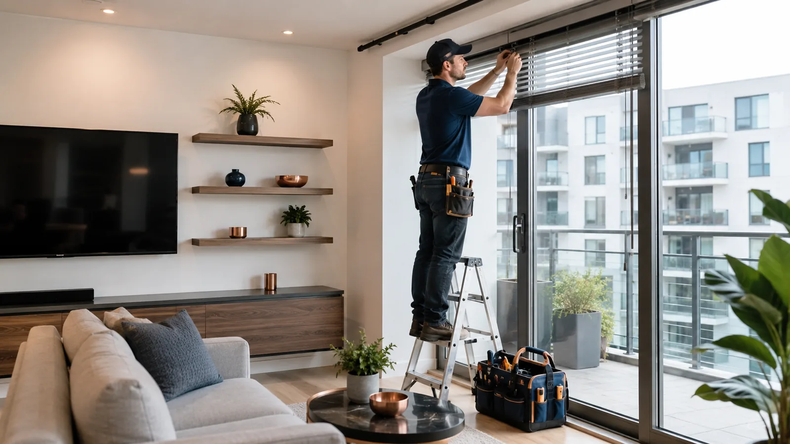 Handyman maintaining window blinds in a modern condo