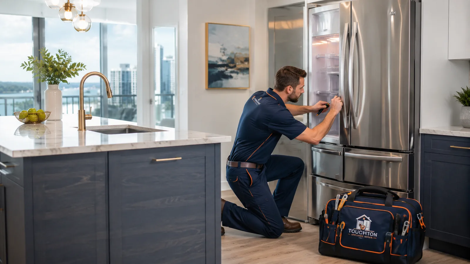 Touchton service technician working on a refrigerator in a modern condo kitchen