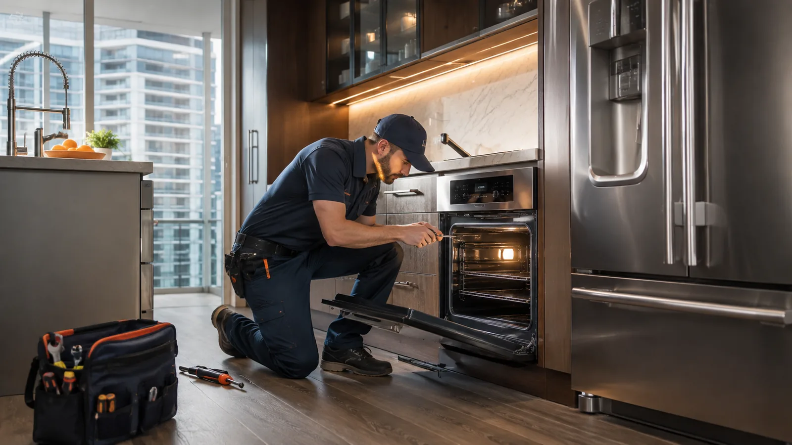 Technician servicing a built-in oven in an upscale condo kitchen
