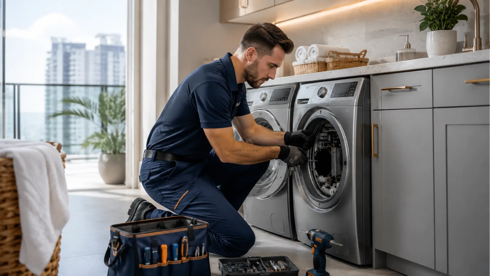 Technician servicing a front-load laundry appliance