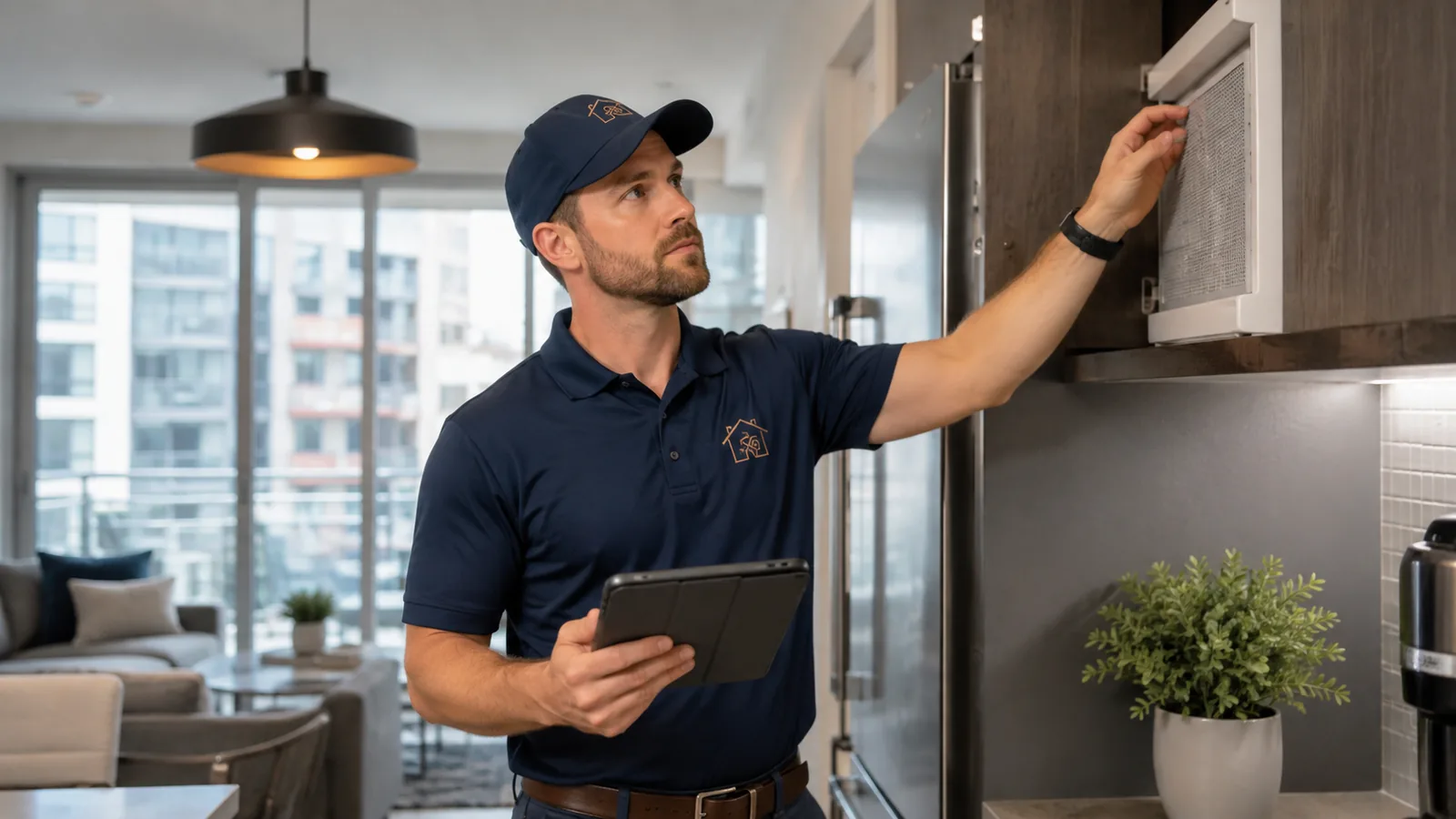 Technician performing a preventive condo maintenance inspection