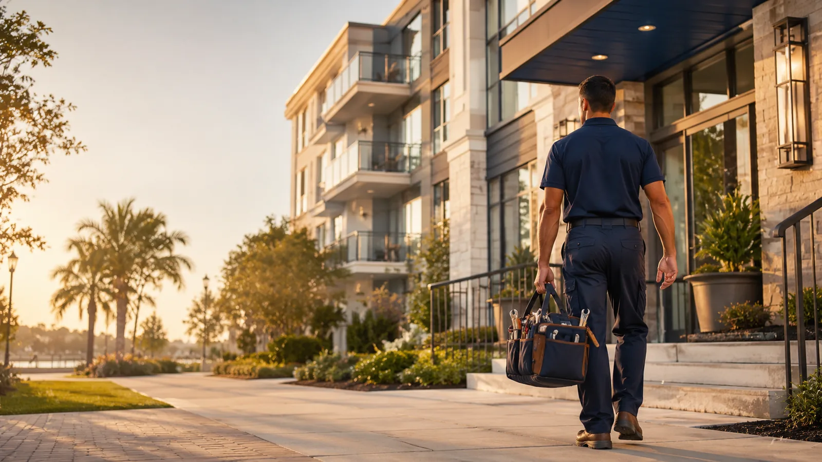 Service technician arriving at a modern residential building
